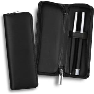 A black pen set in a zippered case, featuring two pens and a sleek design. The case has a logo inside.