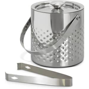 A silver ice bucket with a textured surface and a lid, accompanied by metal tongs.