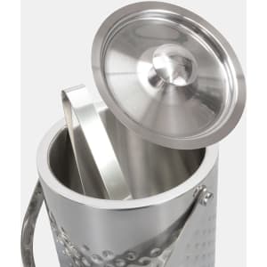 A stainless steel ice bucket with a lid and a handle, featuring a textured surface.