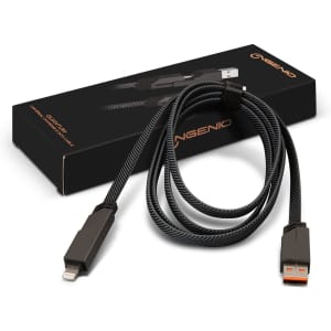 A universal charging and data cable in black, with a textured design, displayed with its packaging.