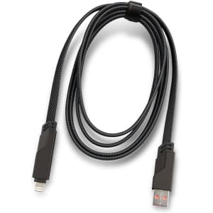 A black universal charging and data cable with a braided design and separate connectors on each end.