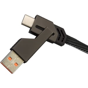 A universal charging and data cable with a braided design, featuring a USB and a USB-C connector in black and dark grey.