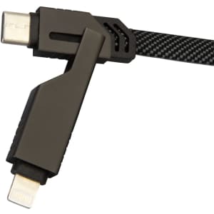 A black and grey universal charging and data cable with angled connectors, featuring a textured design.
