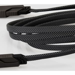A black and grey braided charging and data cable with connectors at each end, featuring a logo.