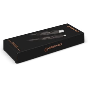 A black box containing a universal charging and data cable with a branding logo.
