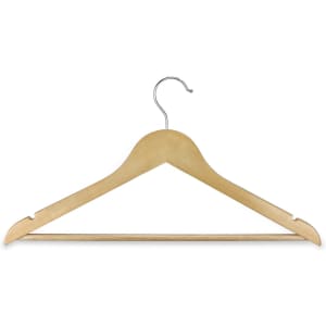 A wooden hanger in a light, natural wood colour with a metal hook.