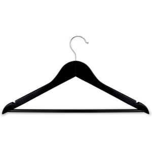 A black wooden hanger with a silver hook features a sleek design and curved edges.