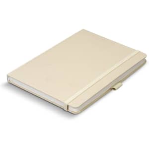 A beige hardcover notebook with a textured surface and an elastic band closure. It has a logo on the cover.