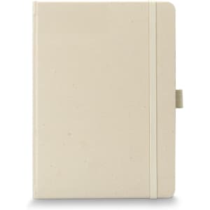 A recycled paper hard cover notebook in a light beige colour, featuring a band and a ribbon bookmark.