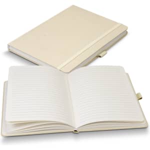 A cream-coloured hardcover notebook with lined pages, featuring a logo on the cover.