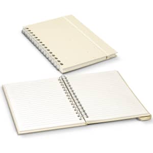 A cream-coloured spiral notebook with blank lined pages, featuring a centre spiral binding and a cover.