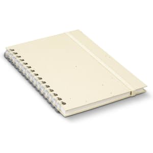 A beige recycled paper spiral notebook with an elastic band and a silver spiral binding.