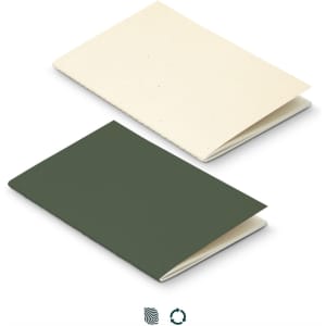 A soft cover notebook featuring a cream and dark green recycled paper design, with a logo visible on the surface.