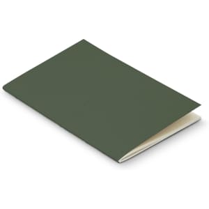 A dark green soft cover notebook made from recycled paper, featuring an open spine and blank pages.