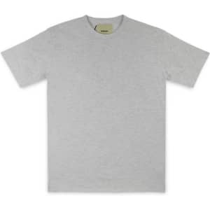 A grey t-shirt with short sleeves and a brand logo on the neckline.