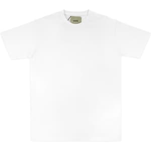 A white essential tee with a round neckline and short sleeves, featuring a logo on the inner label.