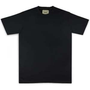 A black essential t-shirt with a crew neckline, featuring a label inside and a logo on the front.