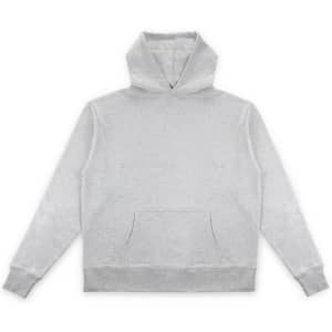 A grey essential hoodie with a front pocket and a hood. It features a logo on the hem.