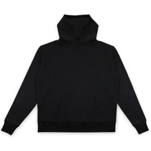 A black hoodie with a front pocket and a large hood. The product features a logo on the chest area.