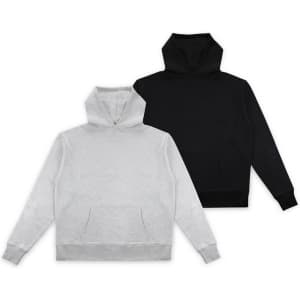 Two hoodies are displayed: one in light grey and the other in black, both with a front pocket and a hood.