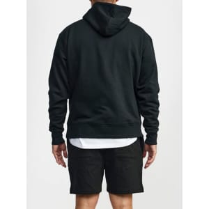 A black hoodie featuring a back view, paired with black shorts, and includes a logo on the garment.