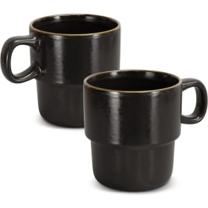 A set of two stackable coffee mugs in dark grey with a sleek, modern design. Each mug features a distinct handle and has a logo.