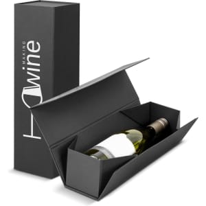 A black wine gift box containing a bottle of wine, featuring a sleek design and a logo.