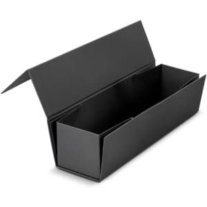 A black gift box designed to hold a bottle of Malbec wine, featuring an open lid and a sleek, modern design.