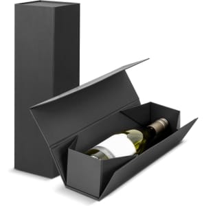 A black wine gift box with a wine bottle inside, featuring a sleek, modern design and a logo on the exterior.