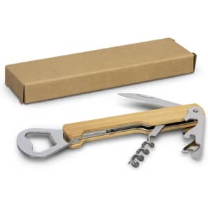 A wooden wine waiters knife in a silver and natural wood finish, accompanied by a brown packaging box.