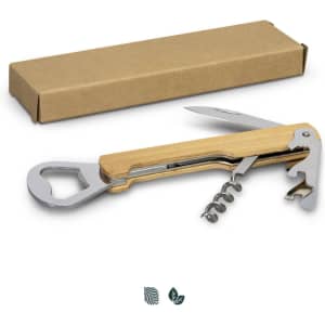 A wooden wine waiters knife with a chrome bottle opener, corkscrew, and knife, displayed with a cardboard packaging.