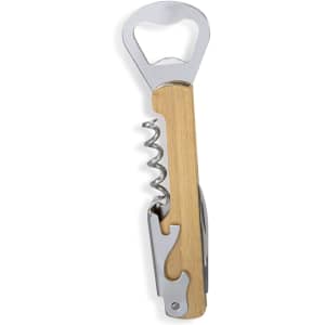 A wooden wine waiters knife in natural wood and silver, featuring a bottle opener, corkscrew, and knife.