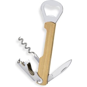 A wooden wine waiters knife featuring a bottle opener, corkscrew, and knife with a silver finish.