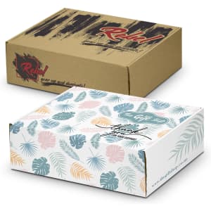 Two die cut boxes with locking lids in various designs and colours, one featuring a tropical leaf pattern and the other plain brown.