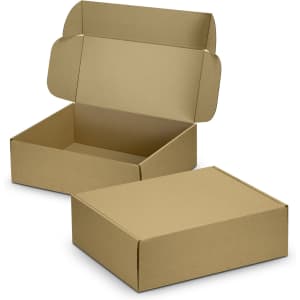 A brown die cut box with a locking lid, displayed open and closed, featuring a plain design and no visible branding.