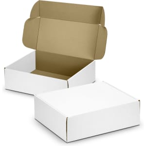 A white die cut box with a locking lid, featuring an open top and a contrasting inner colour.
