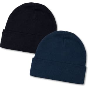 Two beanies in black and navy, featuring a fold-up brim and a logo on one.