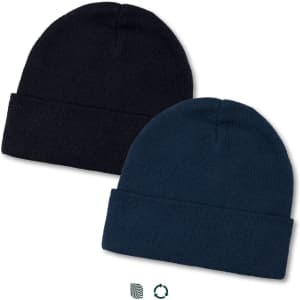A pair of beanies in black and dark navy, featuring a cuffed design and a logo.