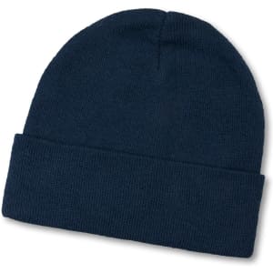 A blue beanie with a folded cuff and a textured finish, featuring a logo on one side.