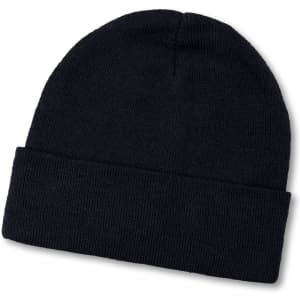 A navy beanie with a rolled cuff and a textured knit design. It features a logo.