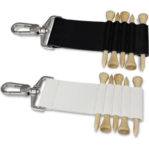 A black and white golf tee holder featuring multiple slots for wooden tees and a metal clip.