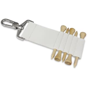A white golf tee holder with five wooden tees attached, featuring a metal clip for easy attachment.