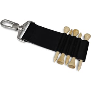 A black golf tee holder with a metal clip and five wooden tees, featuring a secure and compact design.