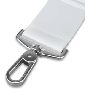 A white strap with a silver swivel clip, featuring a sleek and smooth design.