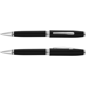 A black ballpoint pen with silver accents and a clip, featuring a sleek design and smooth finish.
