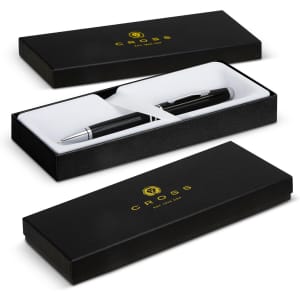 A black ballpoint pen inside a black gift box, featuring a logo on the box.
