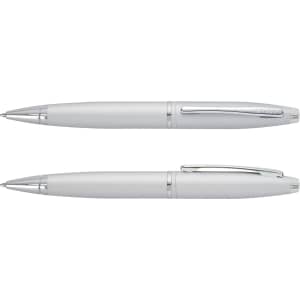 A silver Cross Calais ballpoint pen displayed from two angles, featuring a polished finish and a clip.