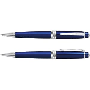 A blue ballpoint pen with silver accents, featuring a sleek design and a branding logo.
