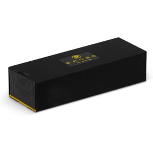 A black rectangular box with a yellow interior, featuring a logo on the top.