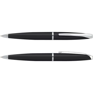 A sleek black Cross ATX ballpoint pen, featuring a silver clip and accents, displayed from two angles.